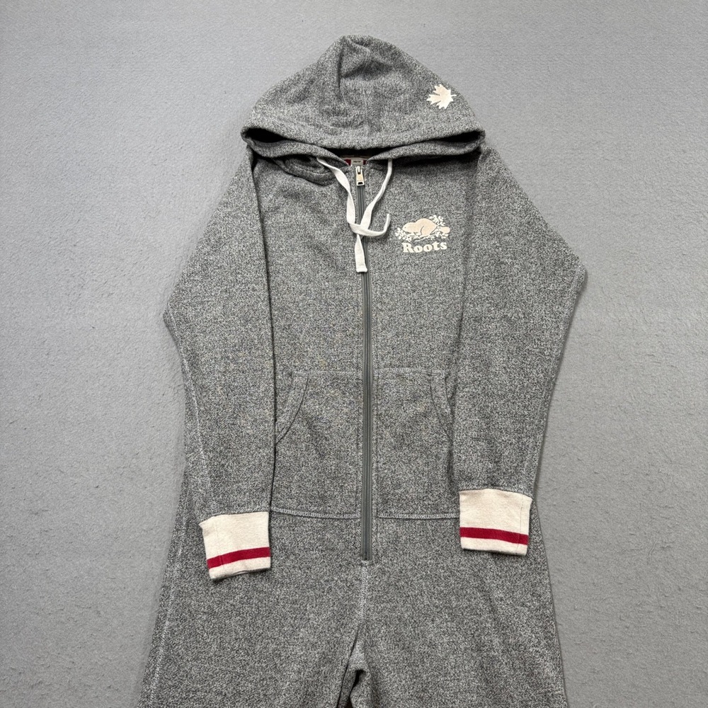 Roots Cabin Onesie Jumpsuit Women's XS Gray Hooded Buffalo Check Plaid Lounge